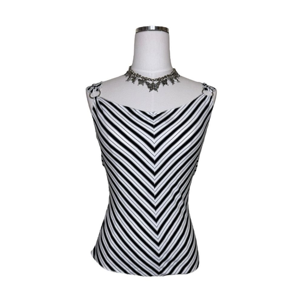Y2K Paris Blues Black + White Stripe Chevron Silver Ring Tank Top Size Medium